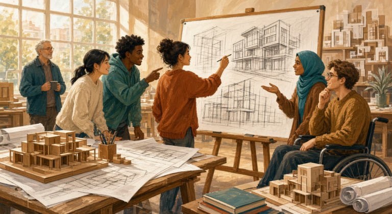 Atelier d'architecture universitaire : une étudiante esquisse son projet au tableau pendant que ses camarades lui donnent leur feedback