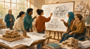 Atelier d'architecture universitaire : une étudiante esquisse son projet au tableau pendant que ses camarades lui donnent leur feedback